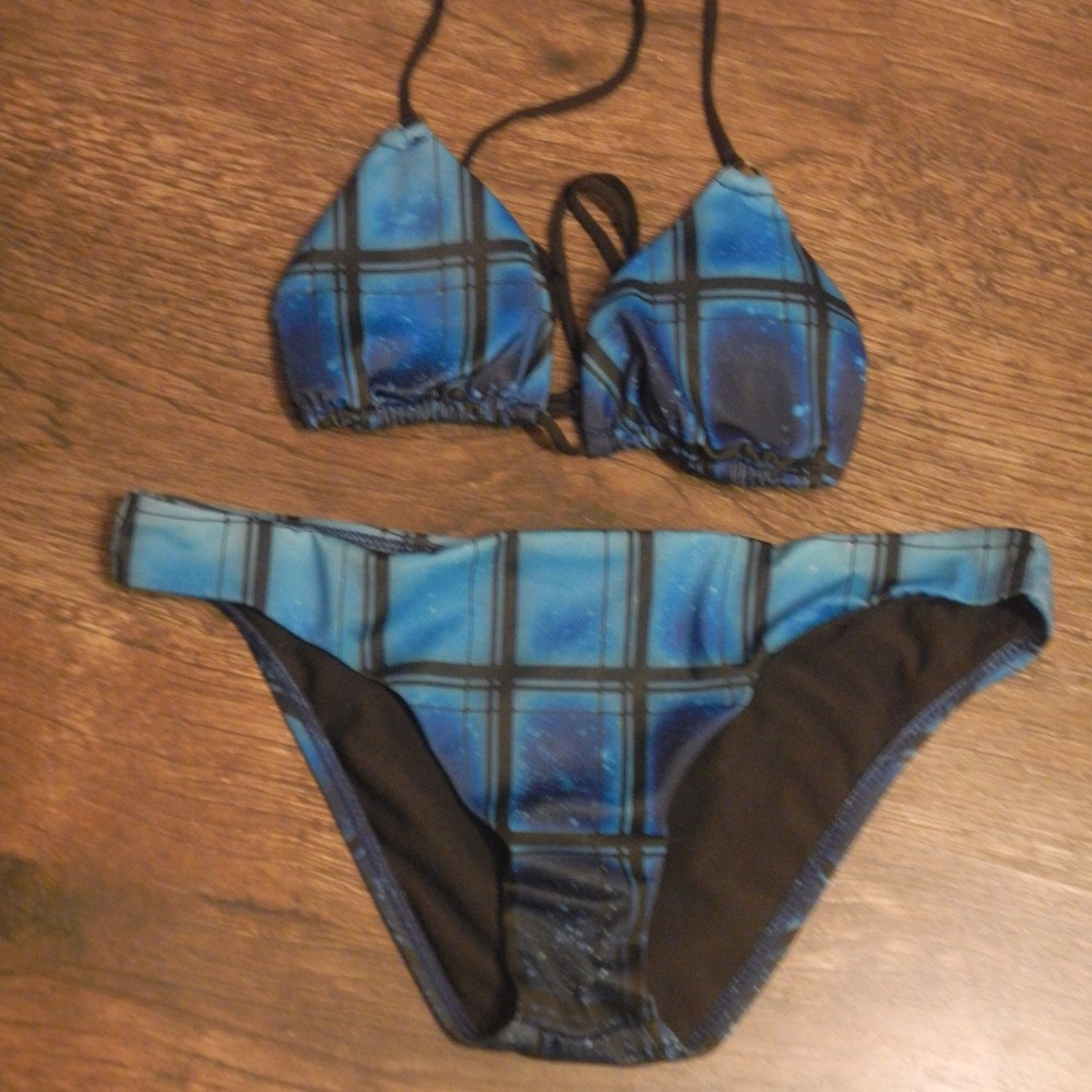 Hurley Bikini Blue Plaid Swimsuit‎ Two Piece Bathing Suit String Tie SM